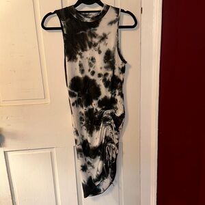 Gray and white tie dye ribbed tank dress with adjustable length ties